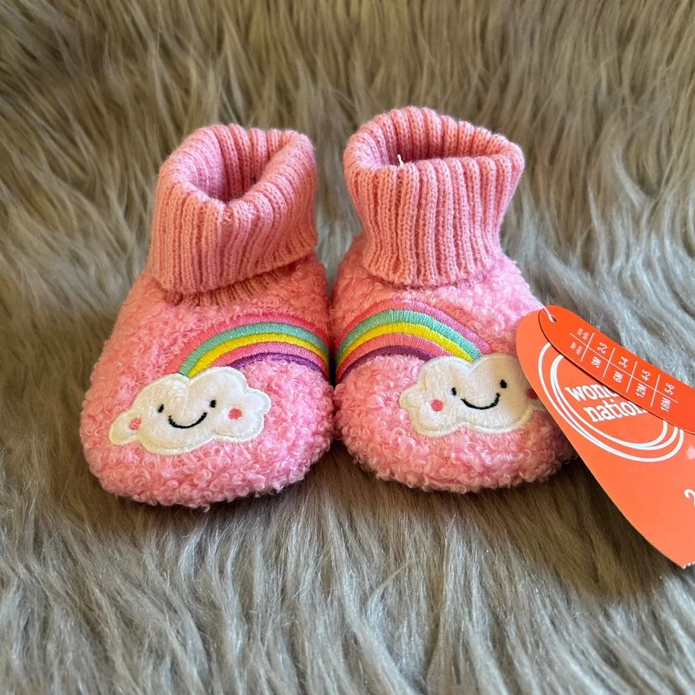 Wonder Nation Slippers Baby Girls Size 2 Pink Fuzzy Rainbow Shoes 18 Months